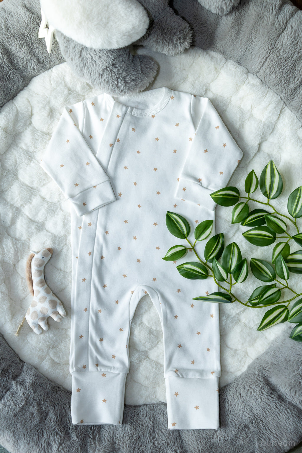 Outseam Romper - Brown Stars — soft cotton baby romper with outward seams